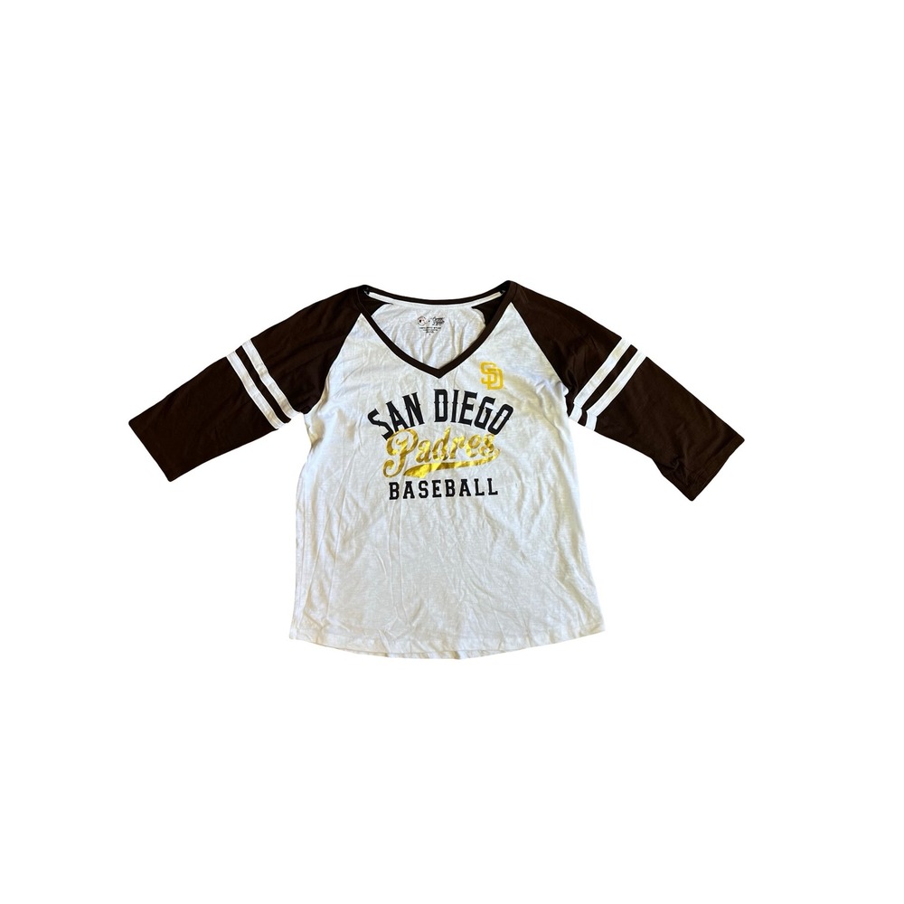 San Diego Padres Womens XL Baseball Tee Brown White Raglan 3/4 Sleeve V-Neck